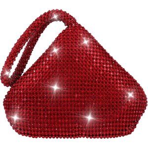 Women Red Beaded Clutch Purse Evening Triangle Bag for Wedding Party and Phone